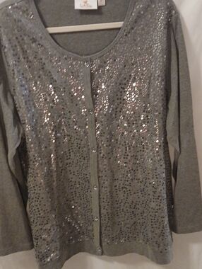 Quacker Factory Silver Sequin-Embellished Grey Cardigan Jacket